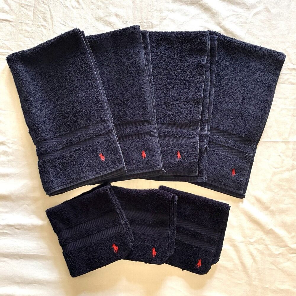 7pc set VTG Ralph Lauren Home Hand Towels & Washcloths Navy Blue Red Pony USA